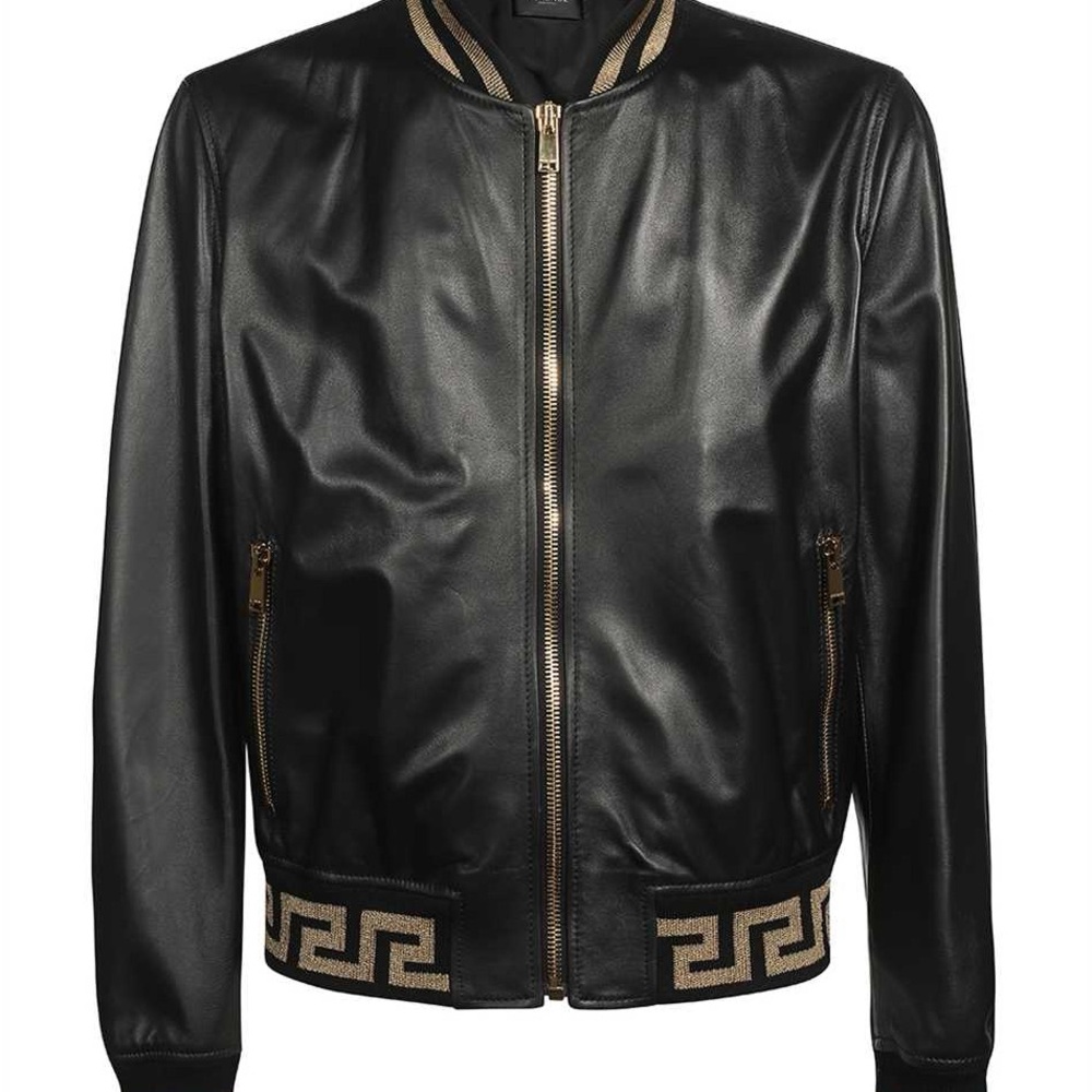 Versace Black Bomber Jacket with Gold Greek Key Accents